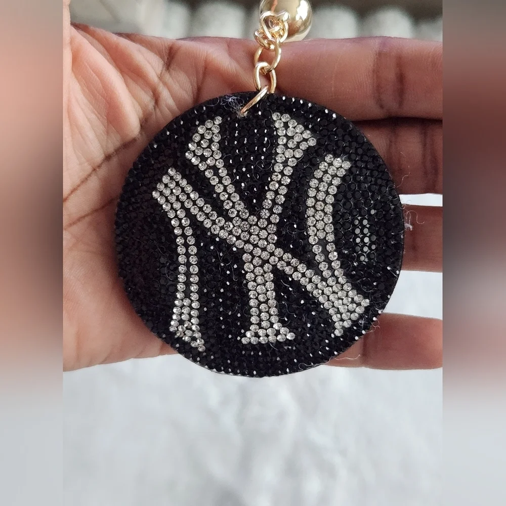 NY Yankees Black and Silver Rhinestone Keychain with Tassel Bag Charm